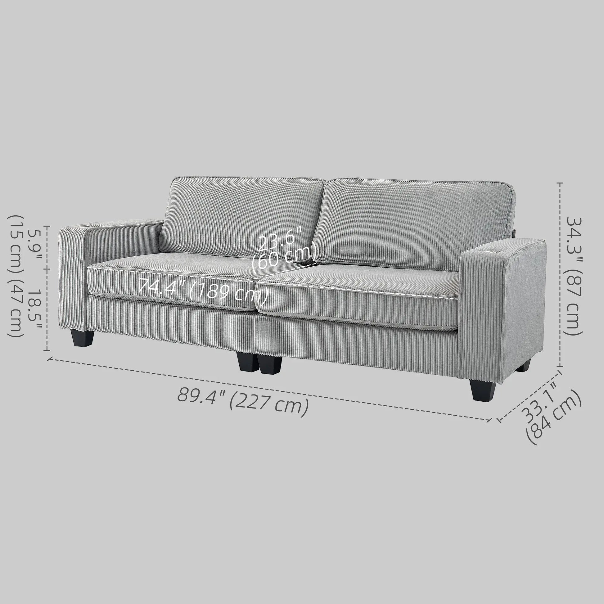 Three Seater Sofa, Fabric Couch with Spring Cushion, Cup Holders, Light Grey 3-Seater Sofas at Gallery Canada