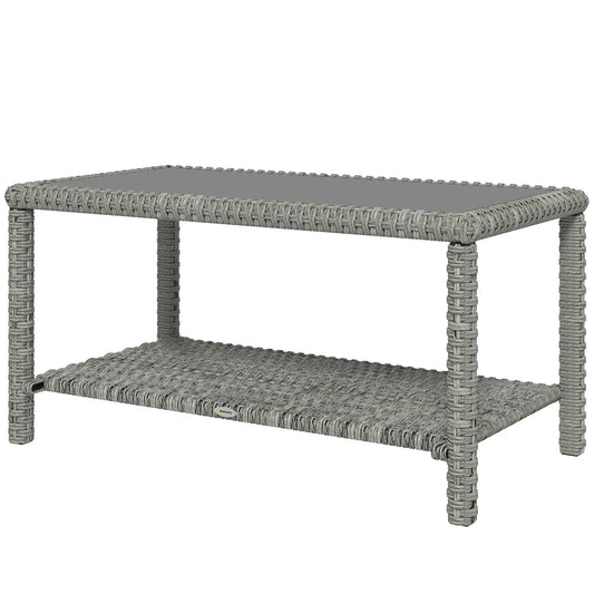 35" Outdoor Wicker Coffee Table, Glass Top, Storage Shelf, Dark Grey Coffee Tables Dark Grey at Gallery Canada