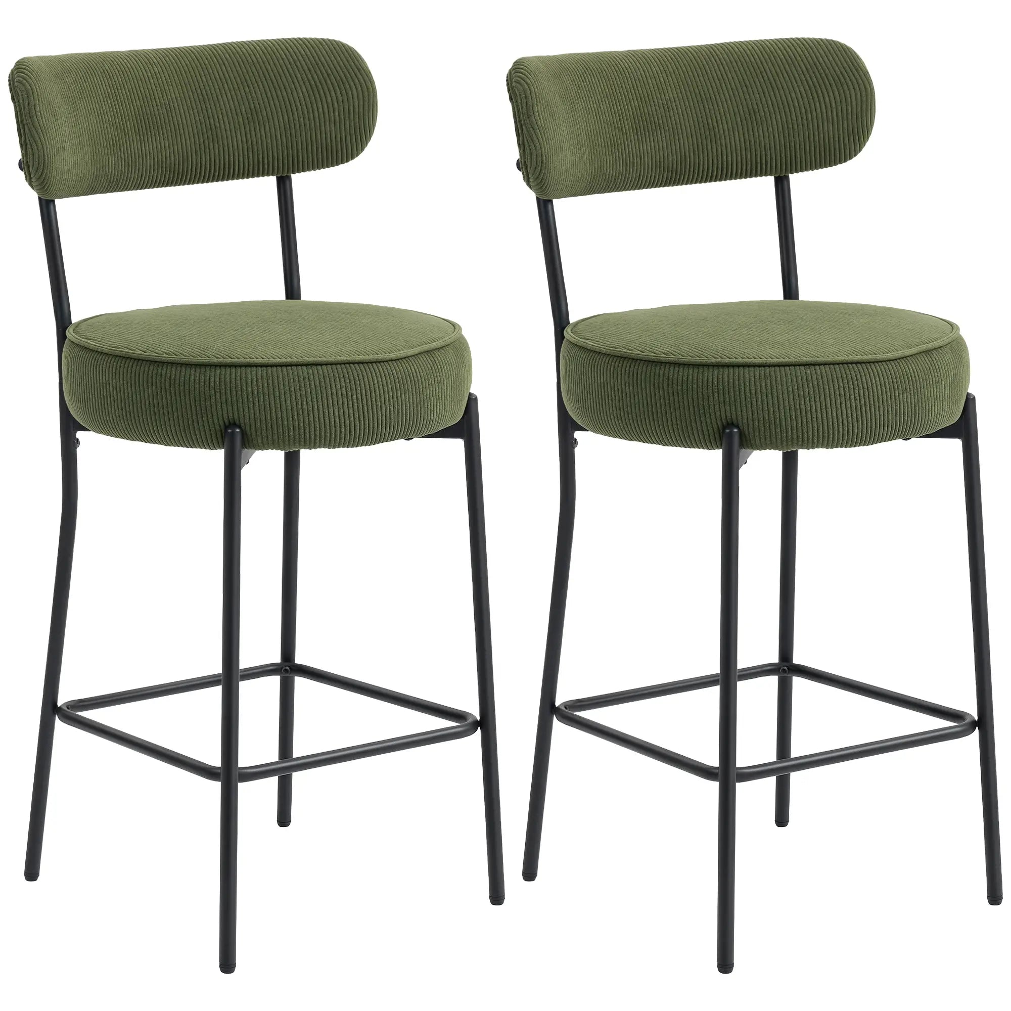 Set of 2 Barstools, Upholstered Corduroy, Backrest, Footrest, Green Bar Stools Green at Gallery Canada