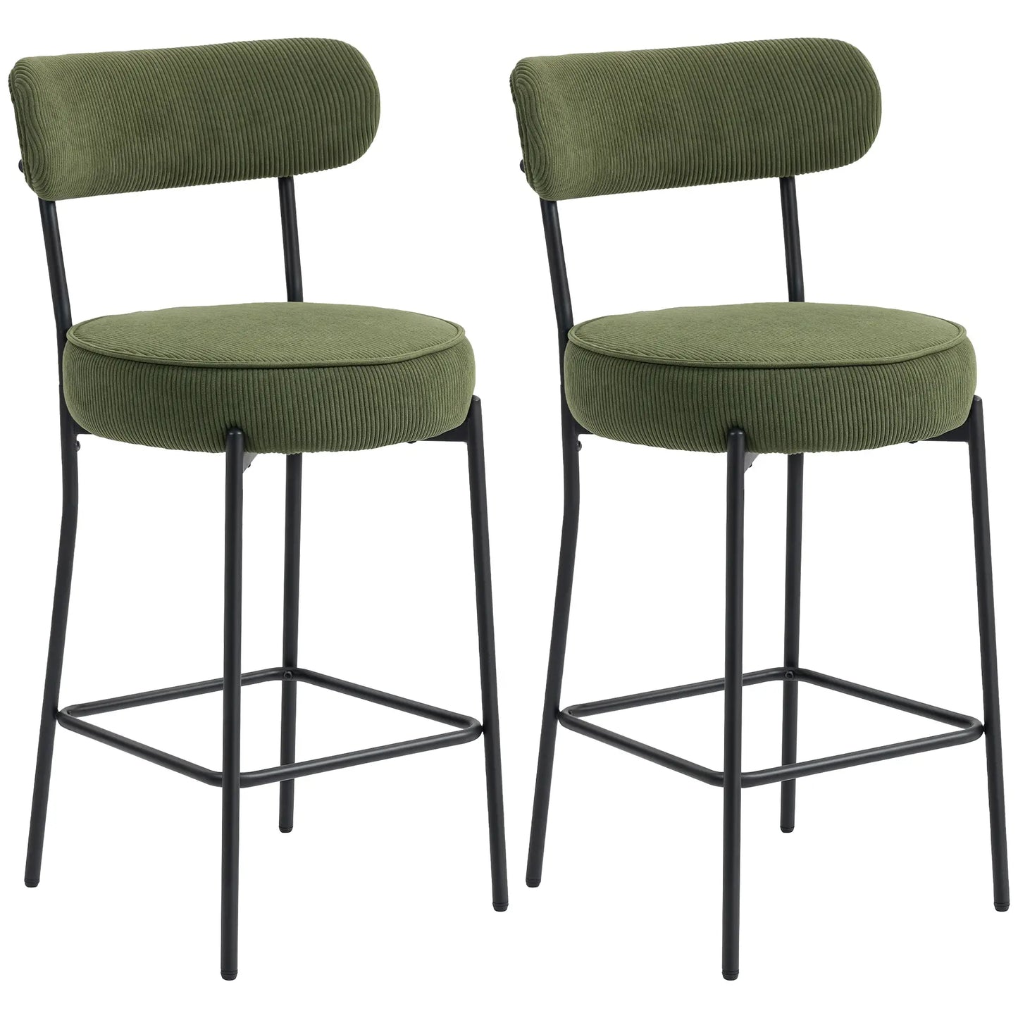 Set of 2 Barstools, Upholstered Corduroy, Backrest, Footrest, Green Bar Stools Green at Gallery Canada