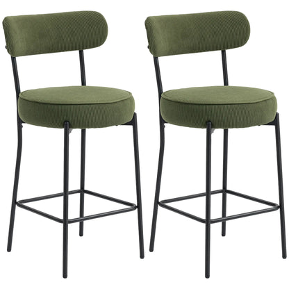 Set of 2 Barstools, Upholstered Corduroy, Backrest, Footrest, Green Bar Stools Green at Gallery Canada