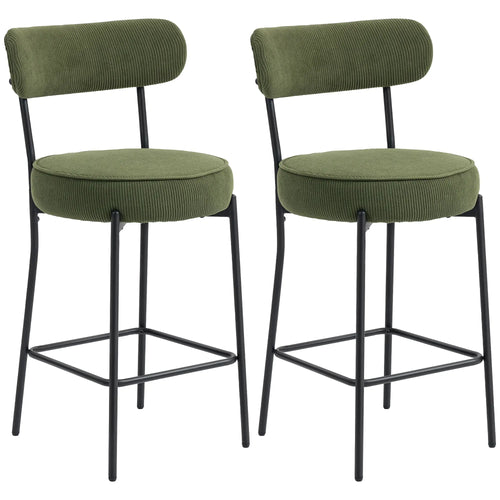 Set of 2 Barstools, Upholstered Corduroy, Backrest, Footrest, Green
