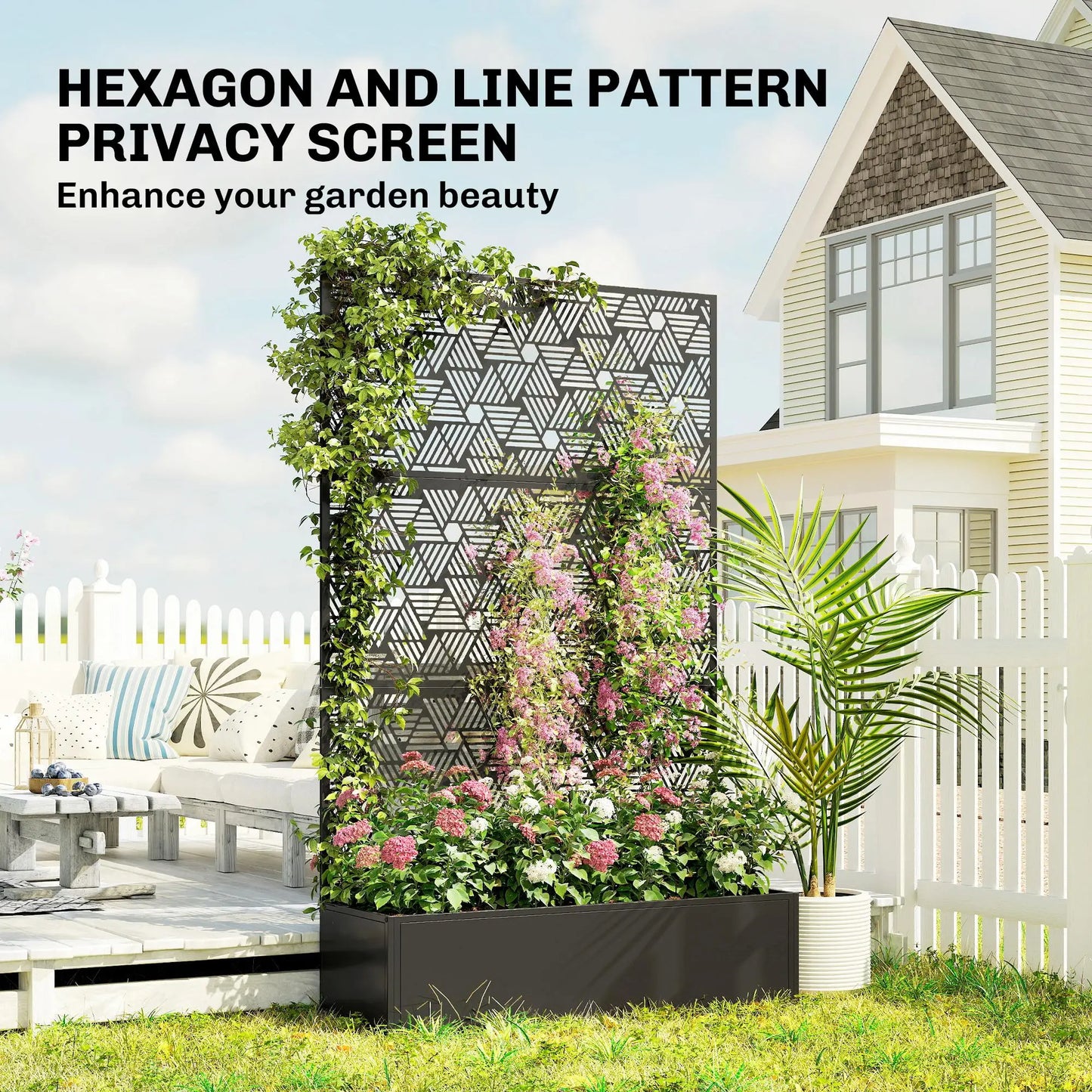 Metal Planter Box With Trellis, 70" Tall Raised Garden Bed, Hexagon Line Cut-Out Galvanized Planter Boxes at Gallery Canada
