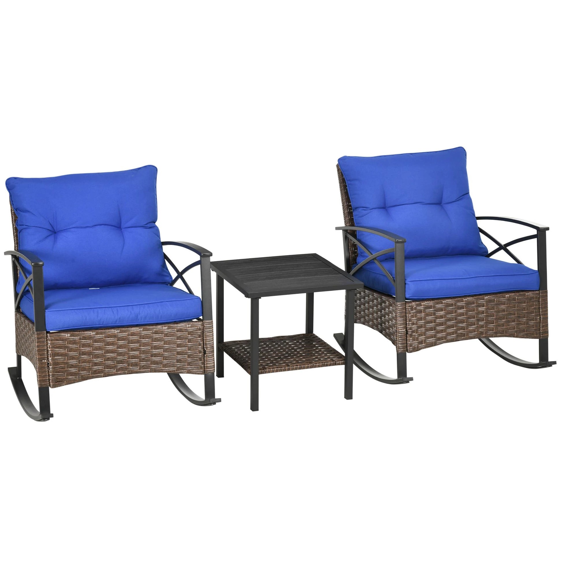 3 Pcs PE Rattan Rocking Chair Set, Bistro Set with Table, Dark Blue Outdoor Rocking Chairs Dark Blue Cushion, Brown PE Rattan, Black Frame at Gallery Canada