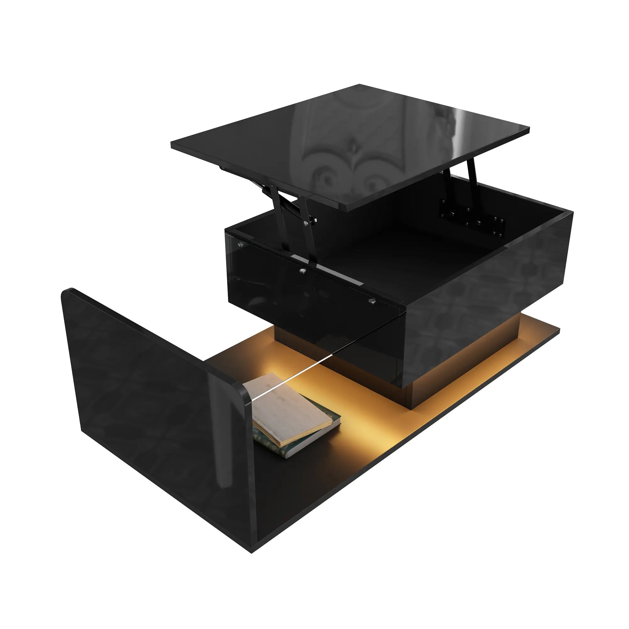 Coffee Table, Tempered Glass Top, LED Light, Adjustable Height, 39.5