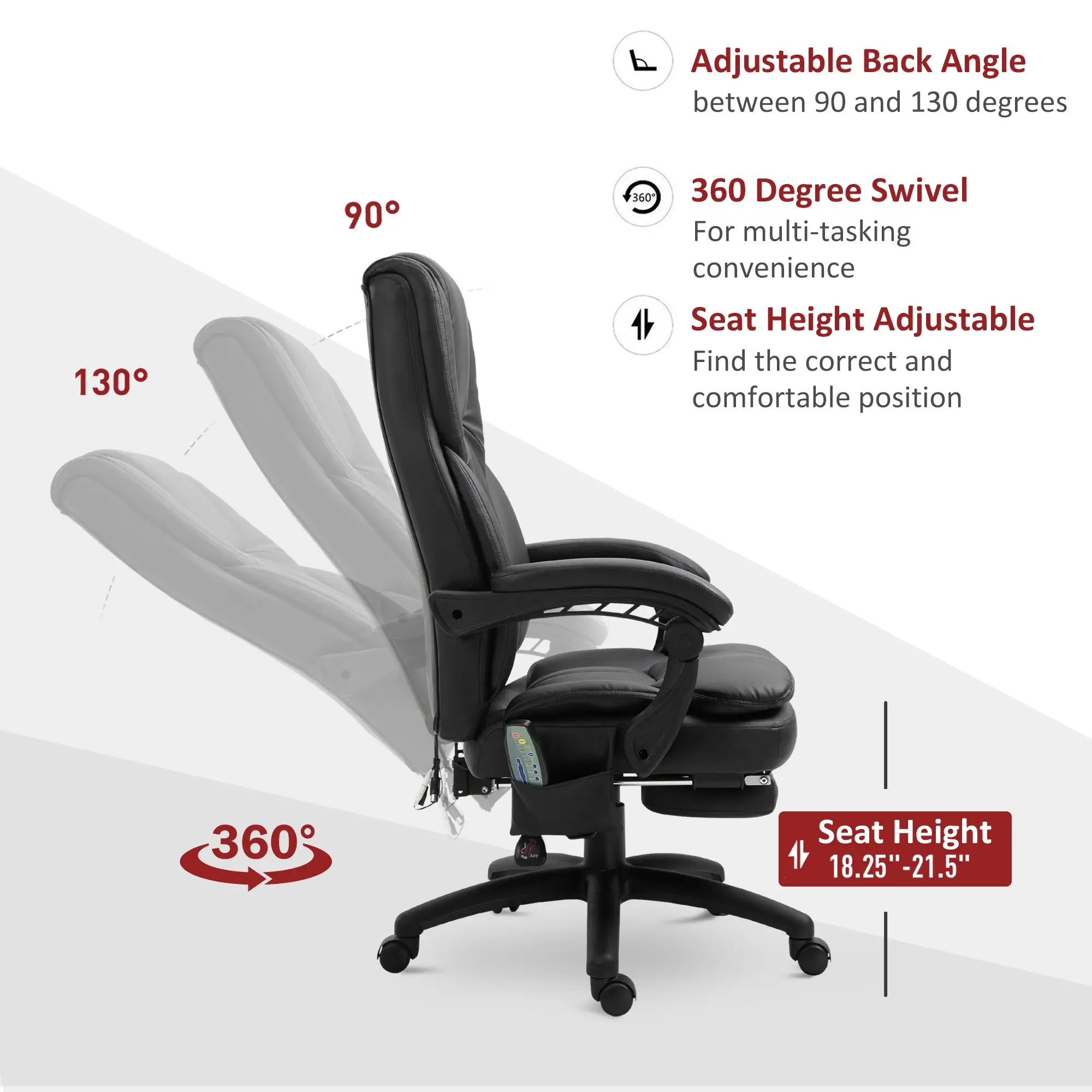 High Back Office Chair, 6-Point Vibration Massage, Reclining, 360° Swivel, Height Adjustable, Retractable Footrest Massage Chairs at Gallery Canada