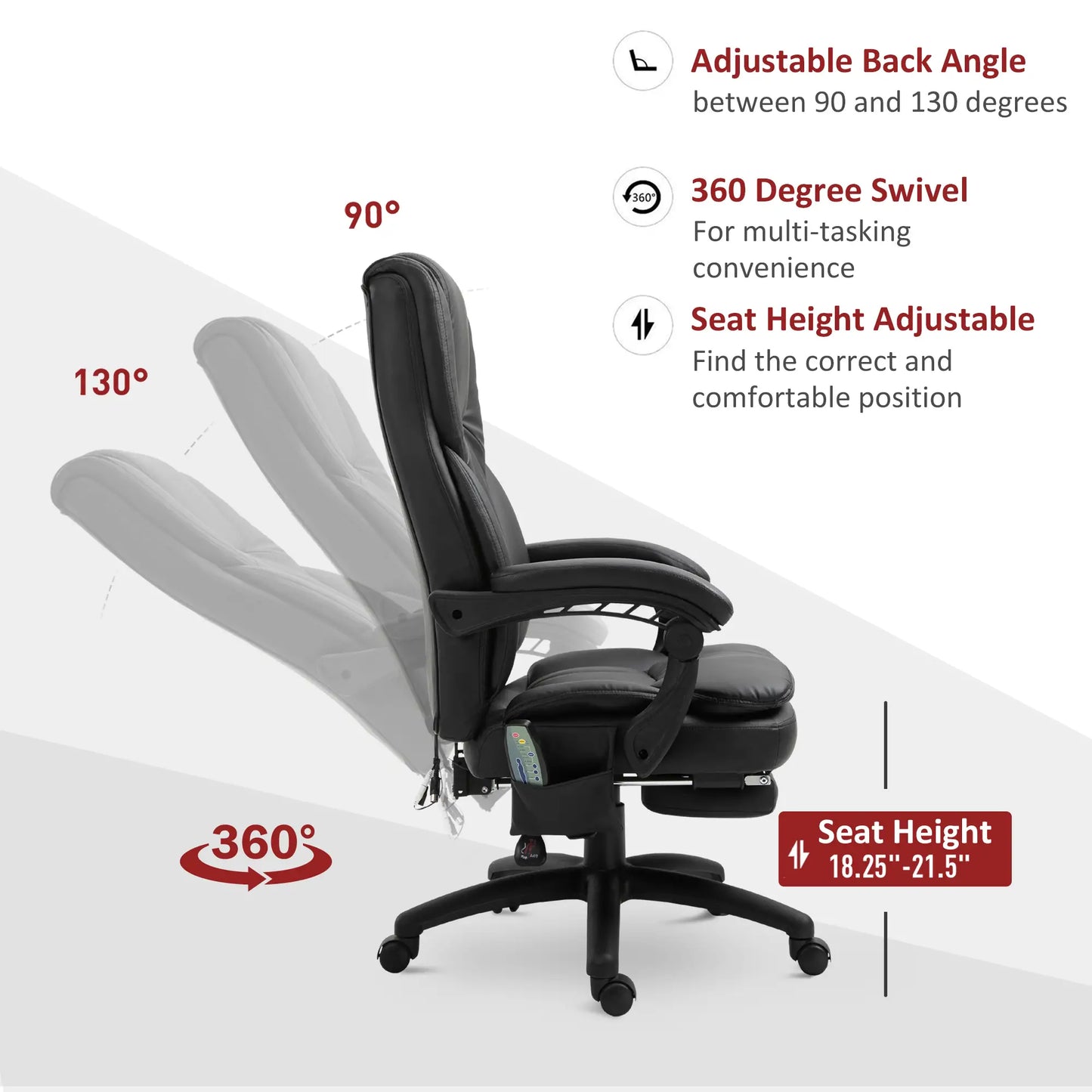 High Back Office Chair, 6-Point Vibration Massage, Reclining, 360° Swivel, Height Adjustable, Retractable Footrest Massage Chairs at Gallery Canada