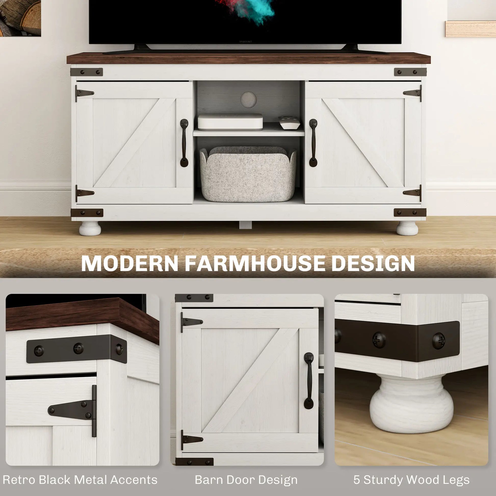 Farmhouse TV Stand for 50" TV, Barn Doors, Cable Management, Distressed White, White TV Stands at Gallery Canada