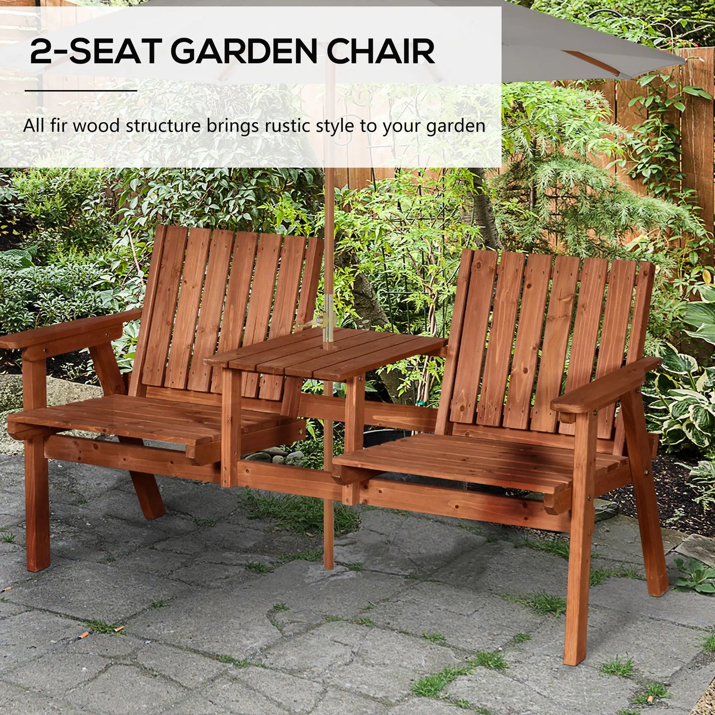 2-Person Garden Bench with Table, Umbrella Hole, Wooden Slat Design, Orange Outdoor Benches at Gallery Canada