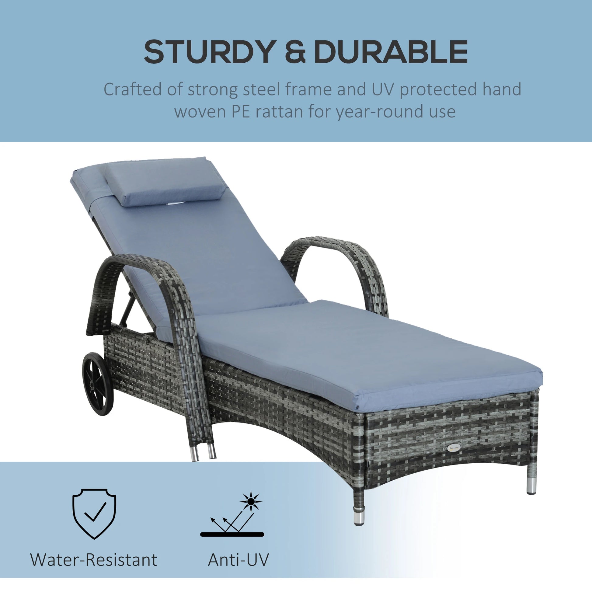 Wicker Chaise Lounge, Outdoor PE Rattan Sun Lounger, Adjustable Backrest, Cushion, Wheels, Mixed Grey, Grey Chaise Loungers at Gallery Canada