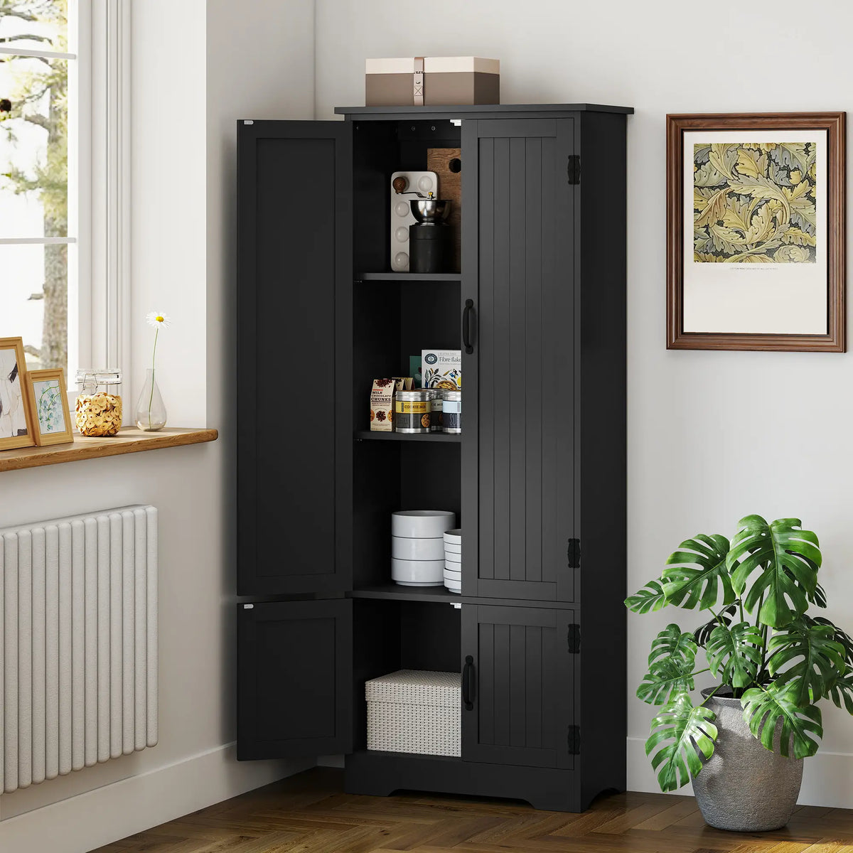 60 Inch 4-Door Storage Cabinet, Adjustable Shelves, Black Kitchen Pantry Cabinets at Gallery Canada