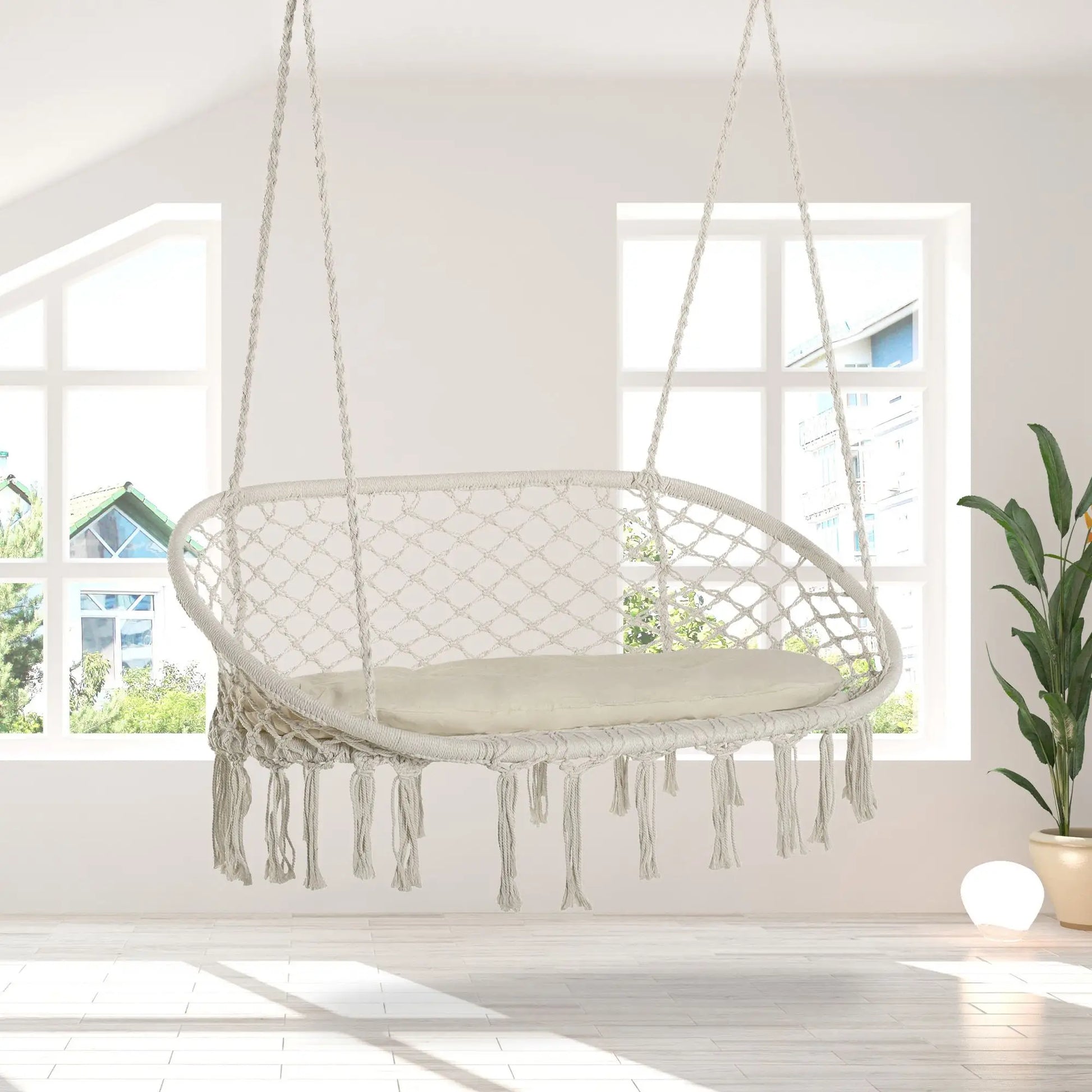 Hammock Chair, 2 Seat, Hanging Rope Swing with Cushion, Large, Cream White Patio Swings with Stand at Gallery Canada