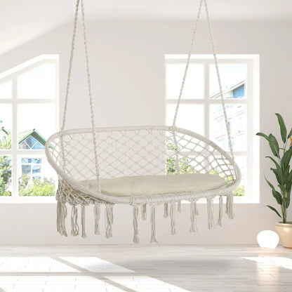 Hammock Chair, 2 Seat, Hanging Rope Swing with Cushion, Large, Cream White Patio Swings with Stand at Gallery Canada