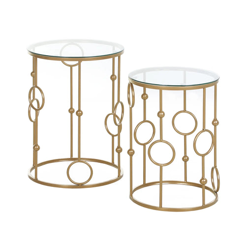 Round Coffee Tables Set of 2, Tempered Glass Top, Steel Frame, Gold