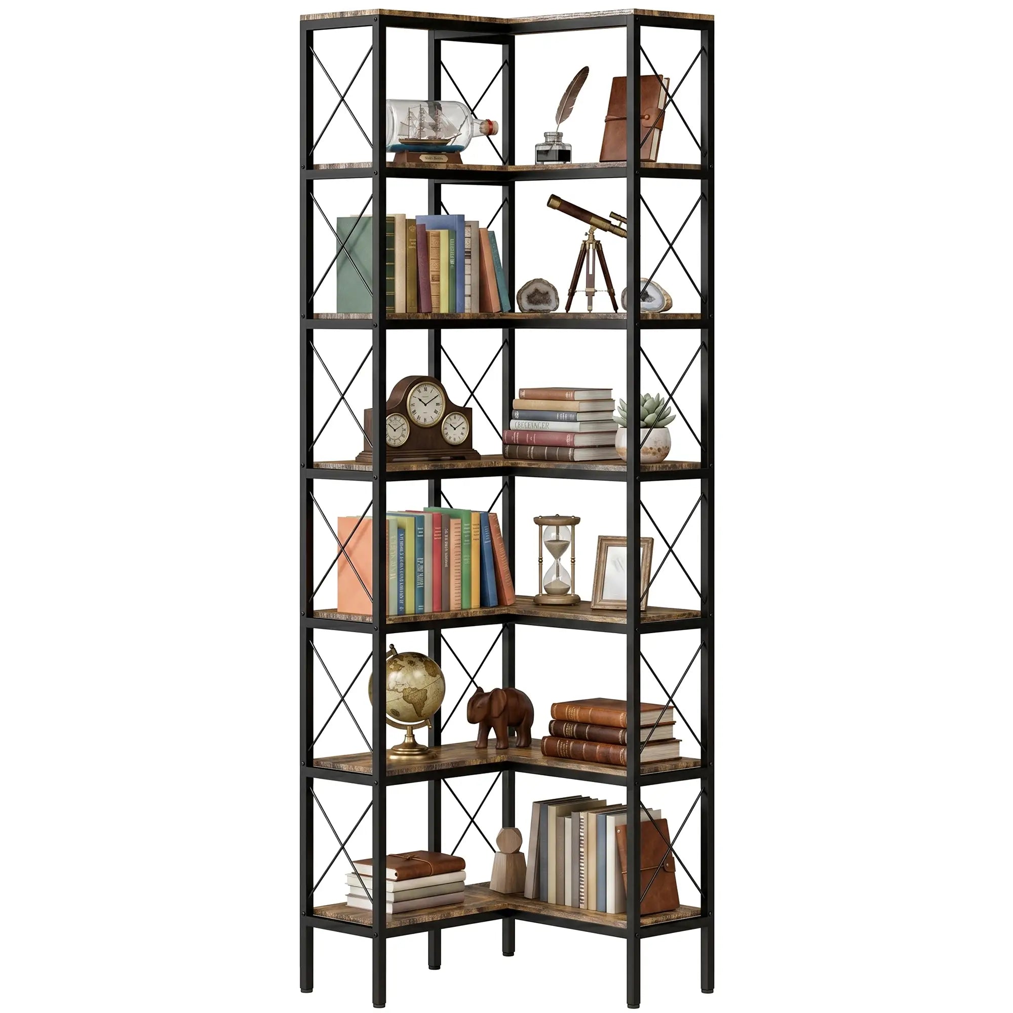 6-Tier L-Shaped Bookshelf, Freestanding Corner Bookcase with Metal Frame, Rustic Brown Display Bookshelves at Gallery Canada