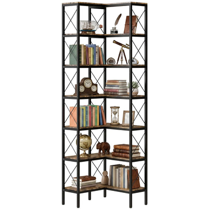 6-Tier L-Shaped Bookshelf, Freestanding Corner Bookcase with Metal Frame, Rustic Brown Display Bookshelves at Gallery Canada