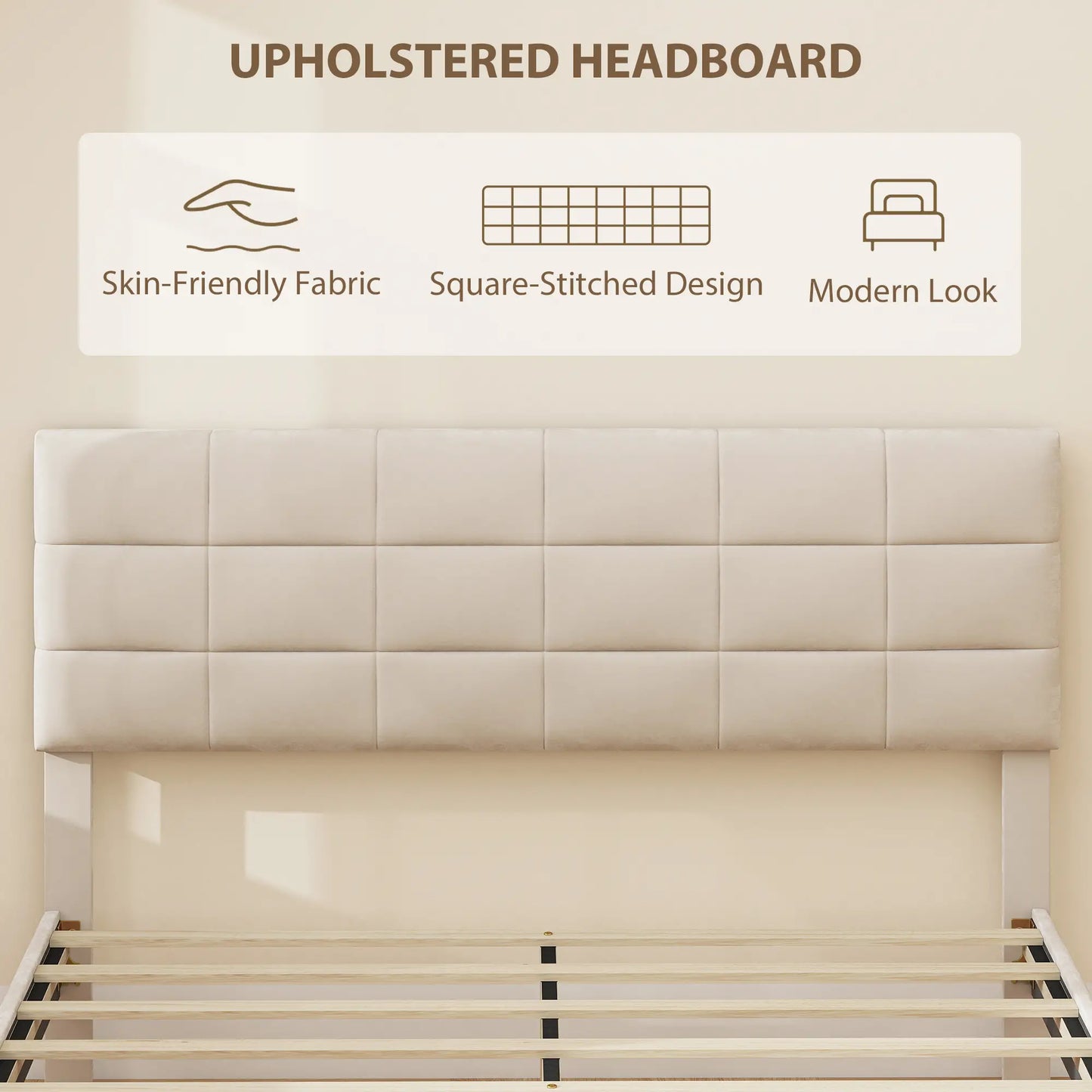 Queen Size Bed Frame, Upholstered Headboard, Wood Slats, 1100 lbs, Cream Bed Frames at Gallery Canada
