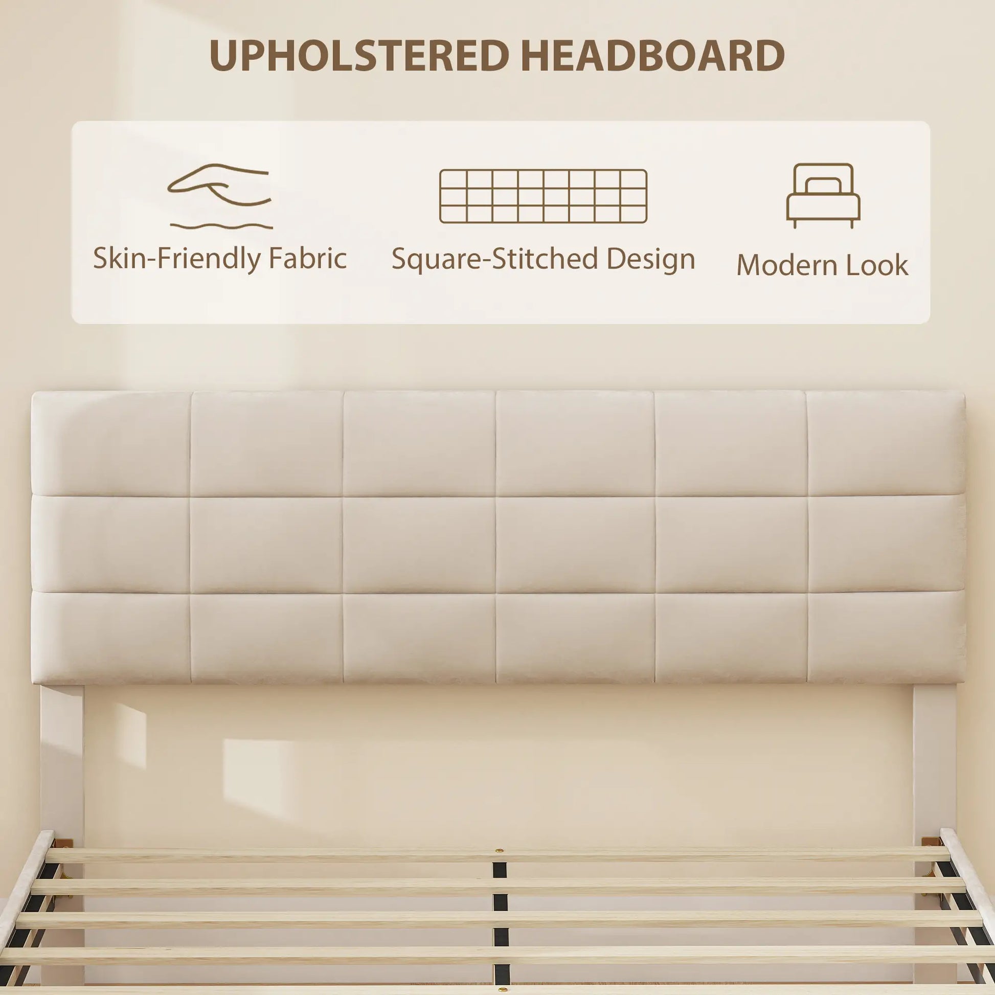 Queen Size Bed Frame, Upholstered Headboard, Wood Slats, 1100 lbs, Cream Bed Frames at Gallery Canada