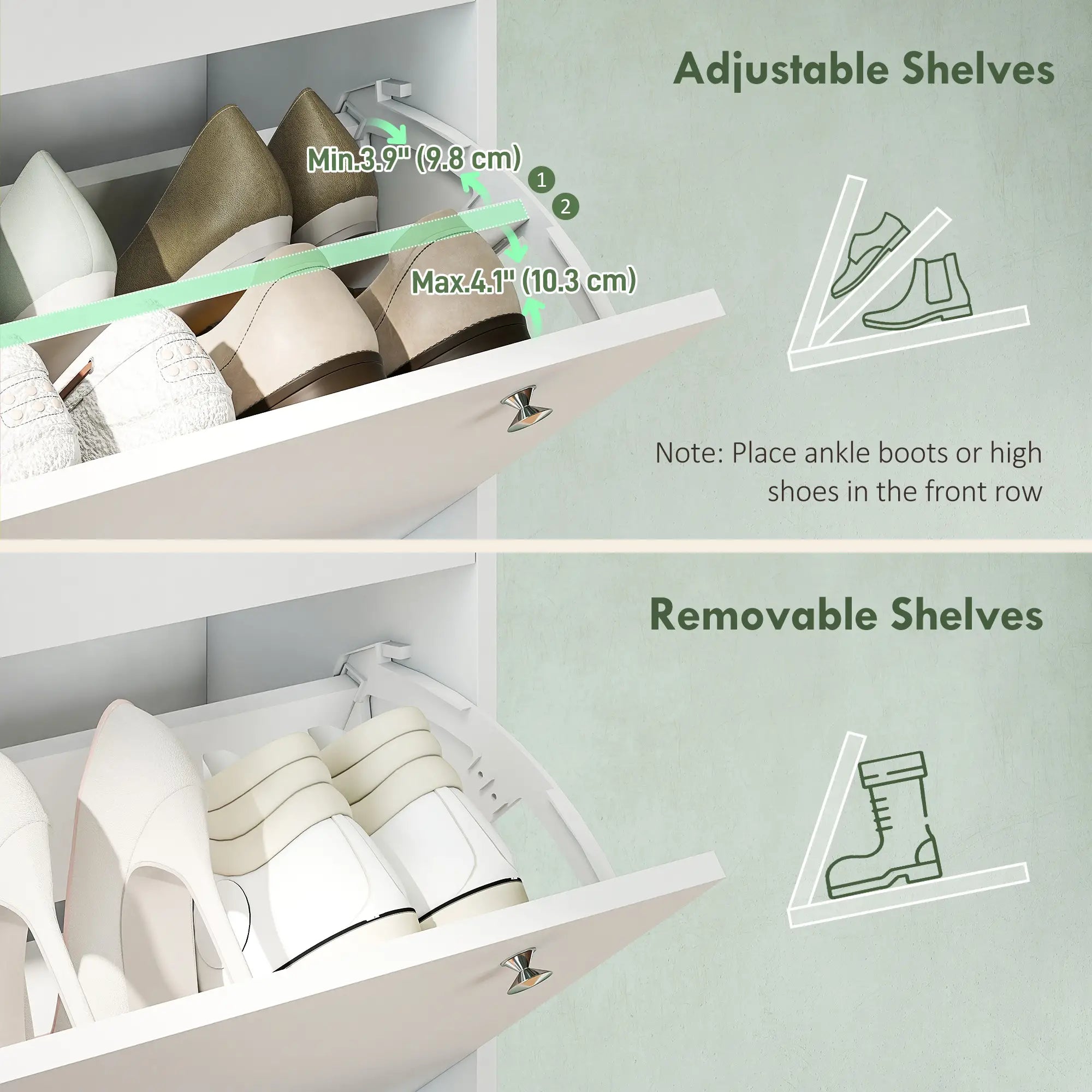 Narrow Shoe Cabinet, 4 Flip Drawers, Adjustable Shelves, Holds 24-32 Pairs, White Shoe Storage Cabinets & Racks at Gallery Canada