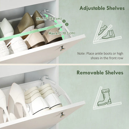 Narrow Shoe Cabinet, 4 Flip Drawers, Adjustable Shelves, Holds 24-32 Pairs, White Shoe Storage Cabinets & Racks at Gallery Canada