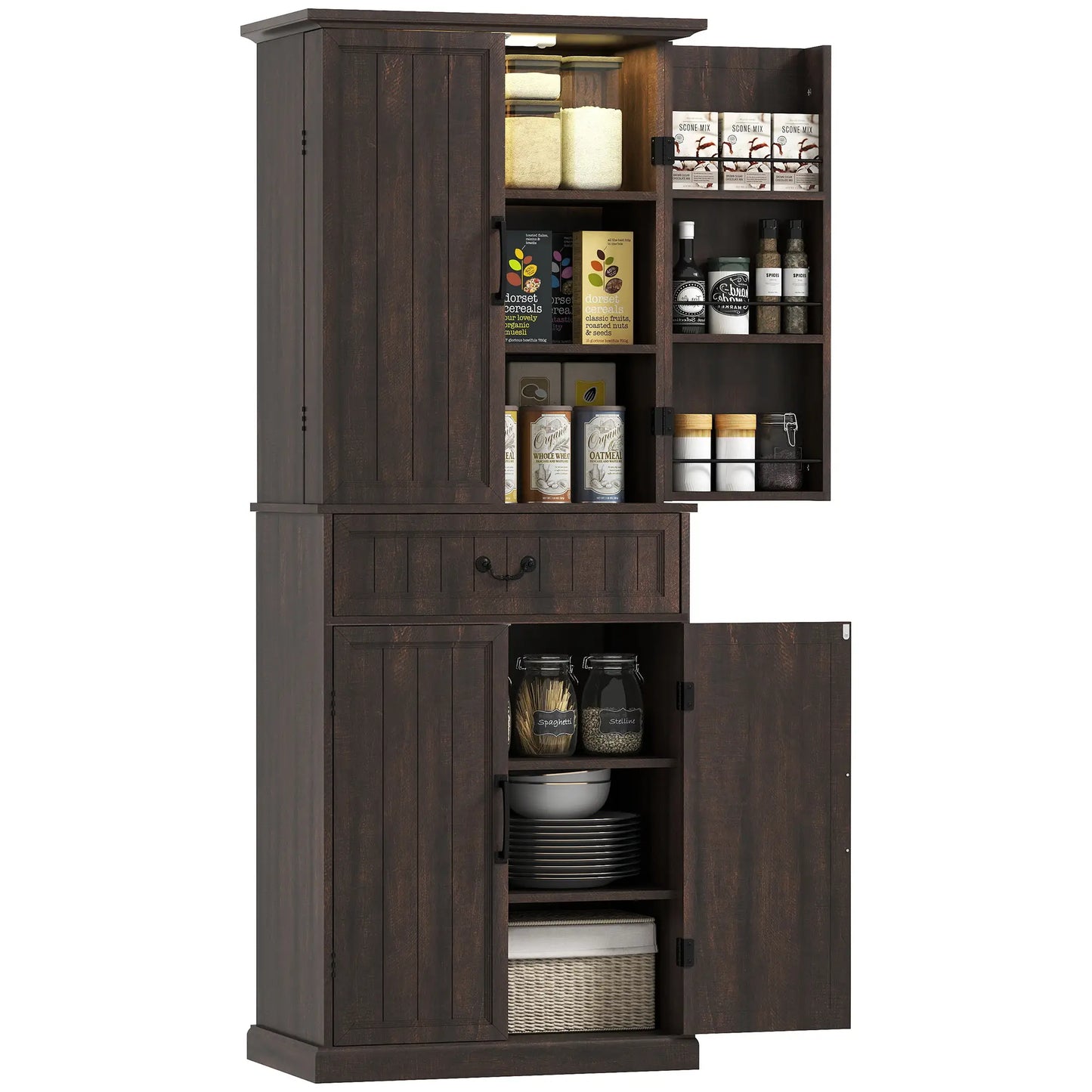 71" LED Kitchen Pantry Cabinet, Farmhouse Storage, Distressed Brown, Brown Kitchen Pantry Cabinets at Gallery Canada