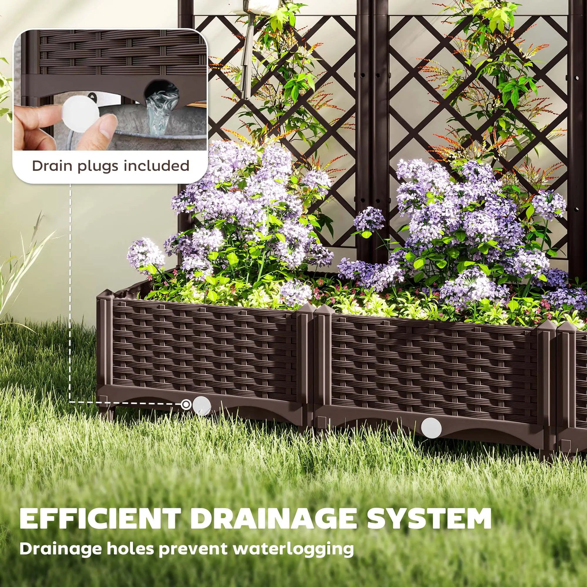 Raised Garden Bed With Trellis, PE Rattan, Drainage Holes, 47