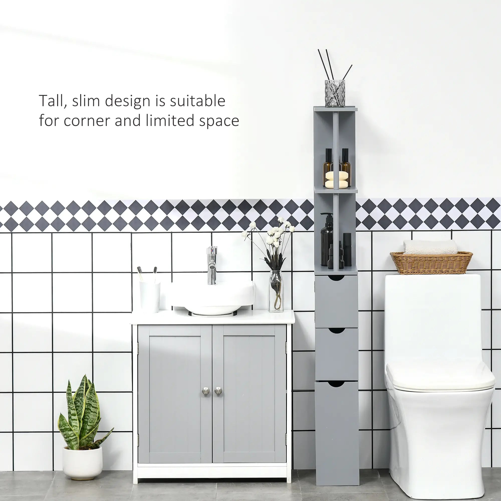 Tall Narrow Bathroom Storage Cabinet with Drawers, Open Shelves, Grey Bathroom Cabinets at Gallery Canada