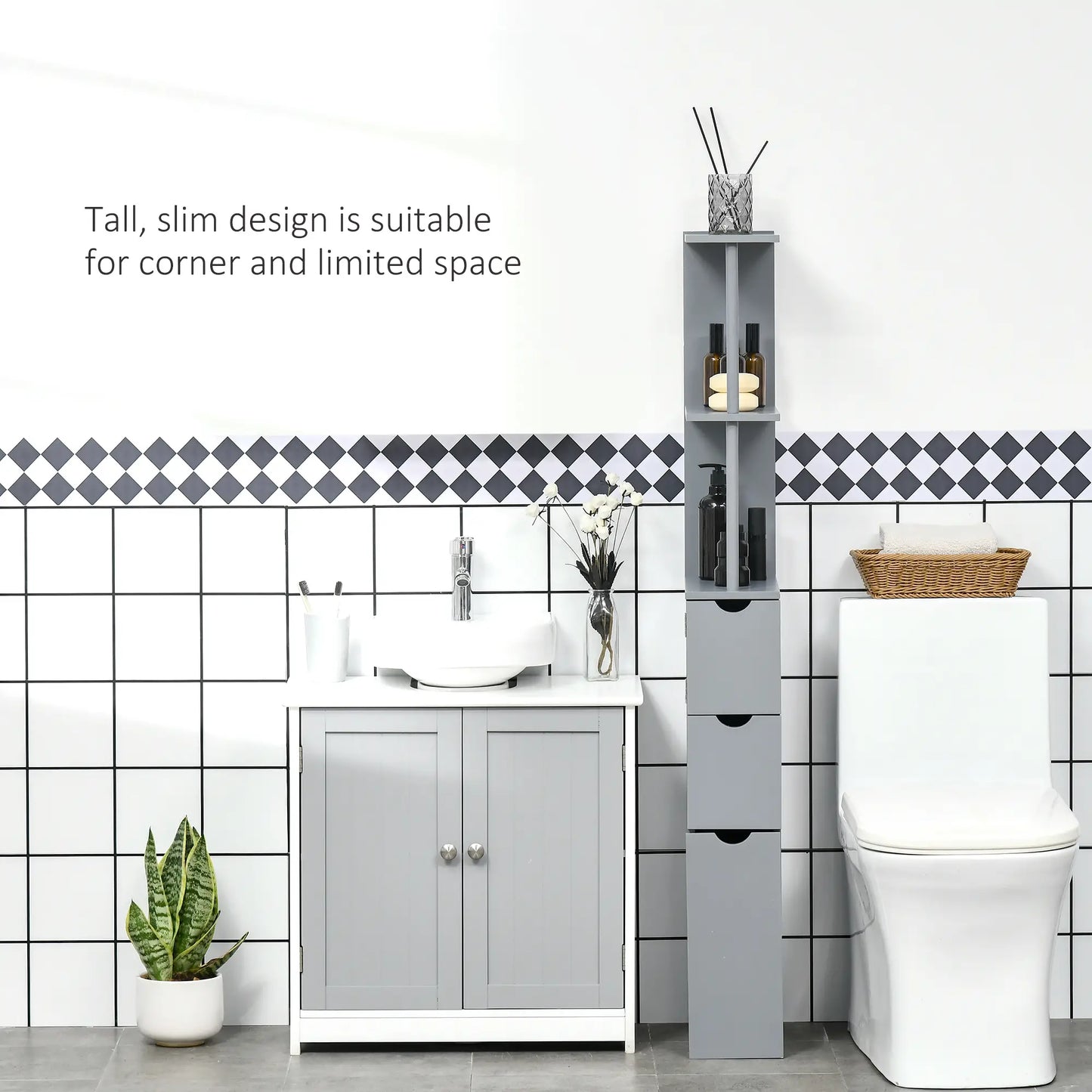 Tall Narrow Bathroom Storage Cabinet with Drawers, Open Shelves, Grey Bathroom Cabinets at Gallery Canada