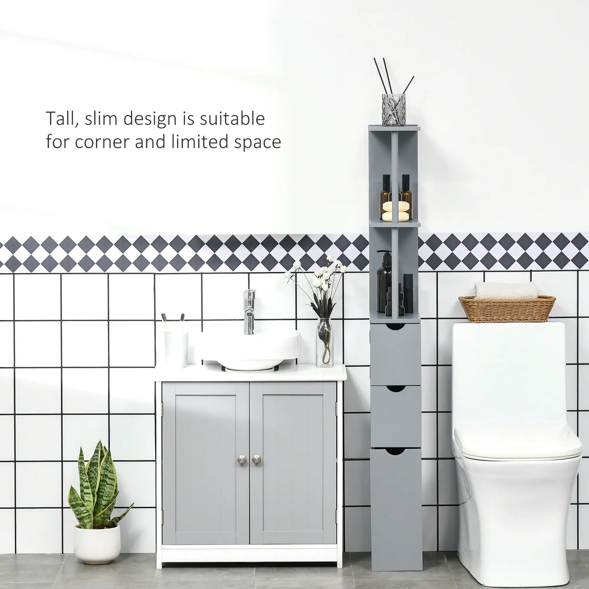 Tall Narrow Bathroom Storage Cabinet with Drawers, Open Shelves, Grey Bathroom Cabinets at Gallery Canada
