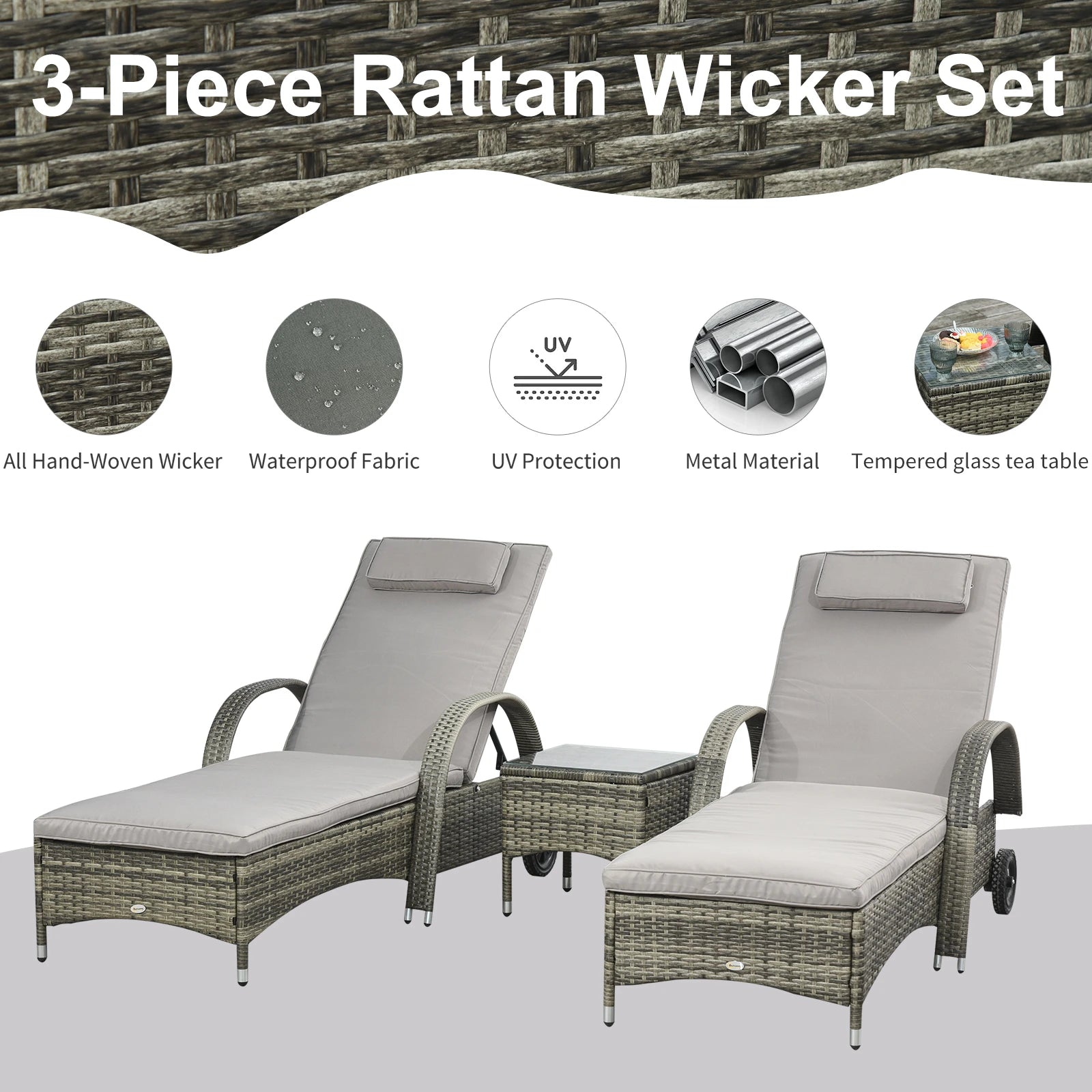 Rattan Lounge Set, Wheeled Chaise Chair with Glass Table, Mixed Grey, Grey Chaise Loungers at Gallery Canada