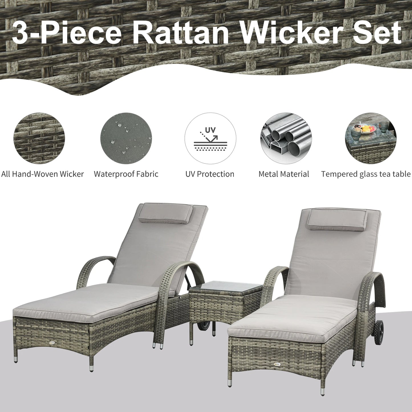 Rattan Lounge Set, Wheeled Chaise Chair with Glass Table, Mixed Grey, Grey Chaise Loungers at Gallery Canada