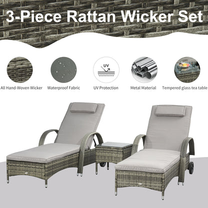 Rattan Lounge Set, Wheeled Chaise Chair with Glass Table, Mixed Grey, Grey Chaise Loungers at Gallery Canada