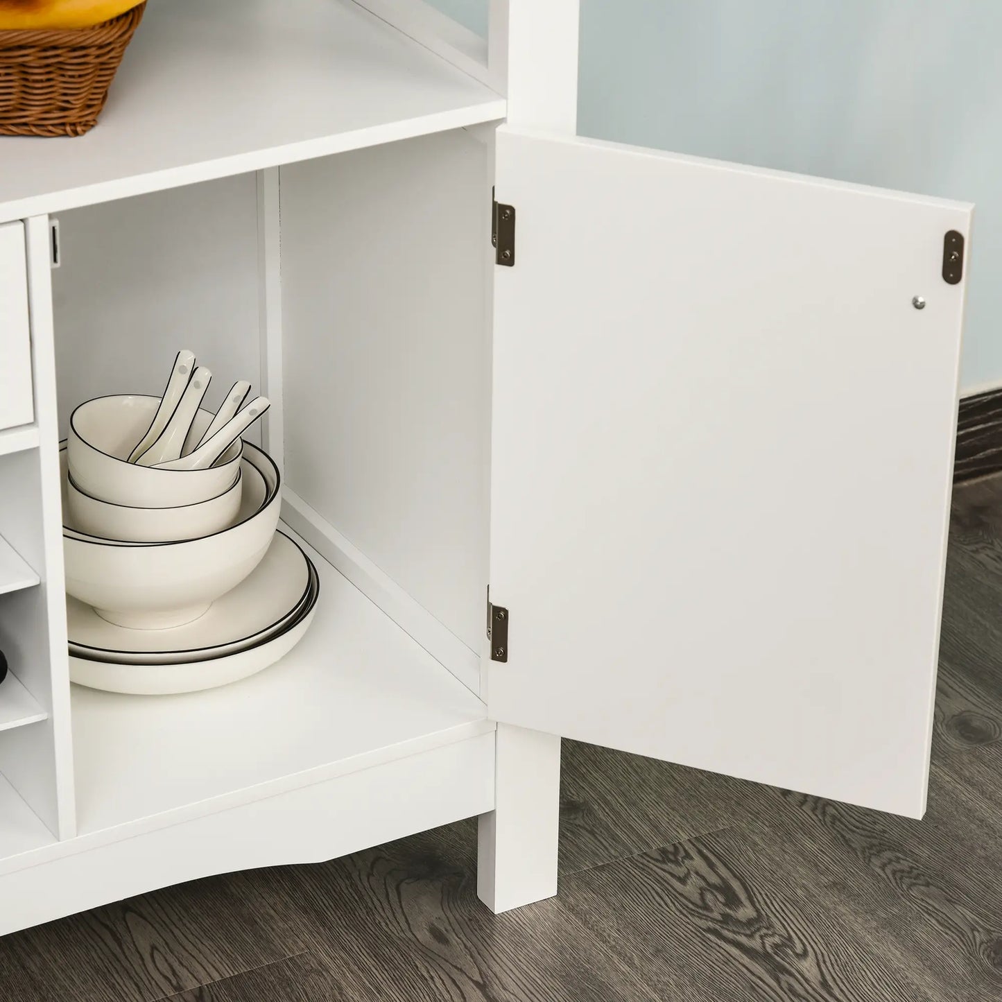 Modern Kitchen Buffet Cabinet, Drawer, 12-Bottle Wine Rack, White