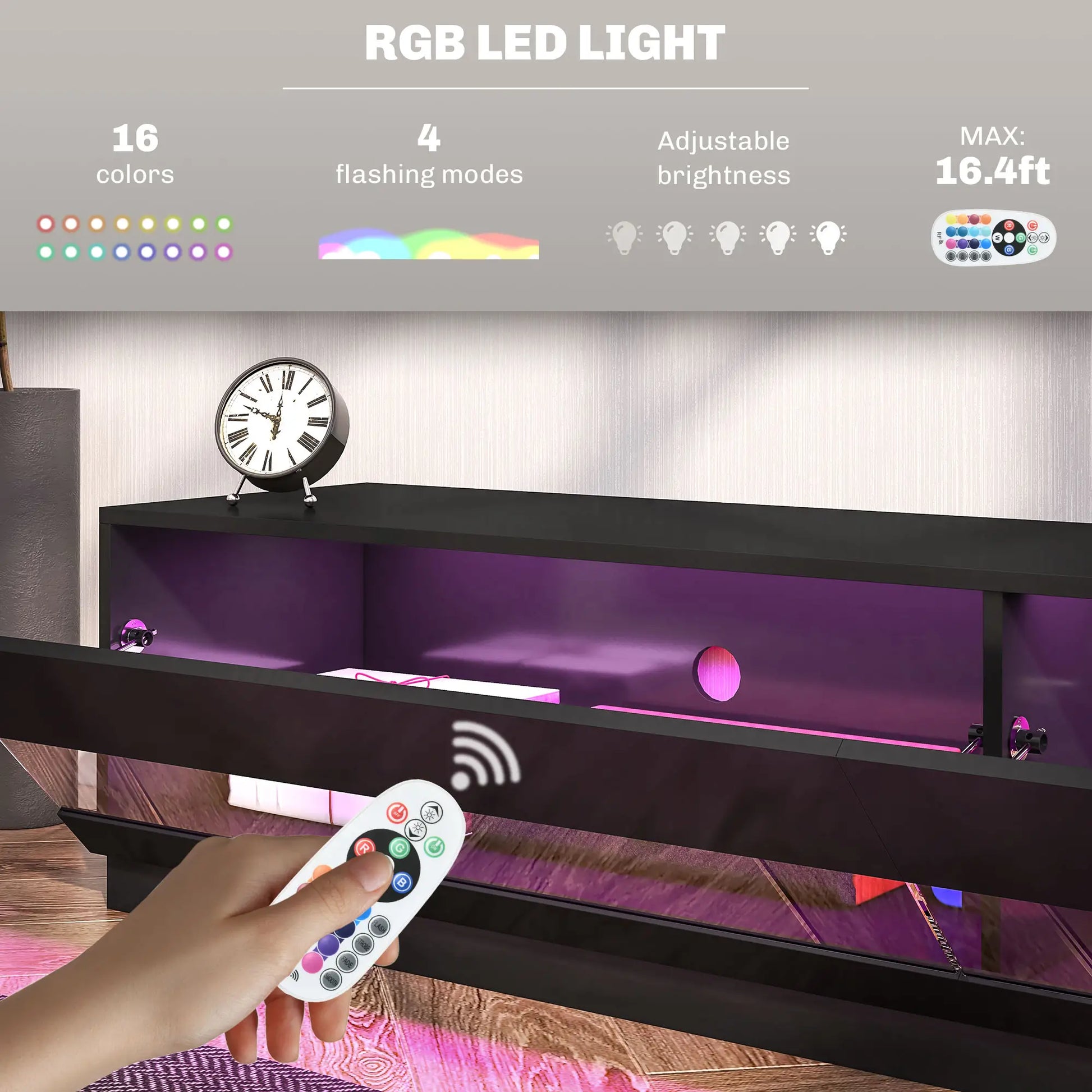 Lighted TV Stand for 75" TVs, TV Cabinet with Storage, High Gloss, Black TV Stands at Gallery Canada