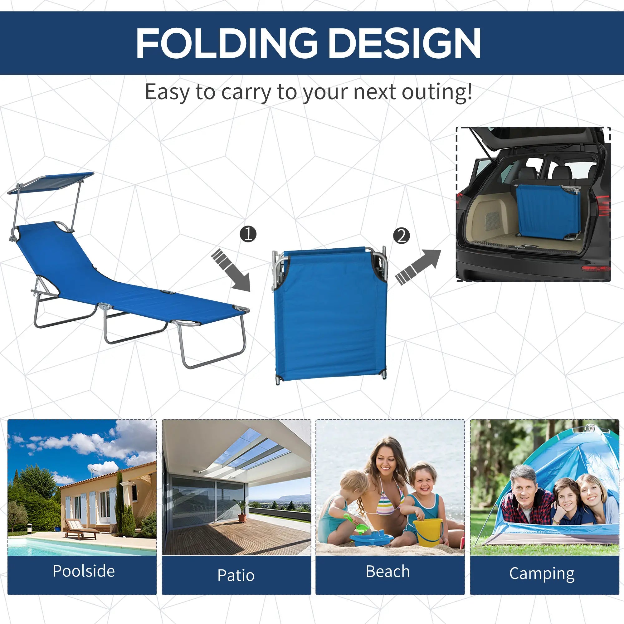 Outdoor Lounge Chair, Adjustable Folding Chaise With Sun Shade, Blue Lounger Chairs at Gallery Canada
