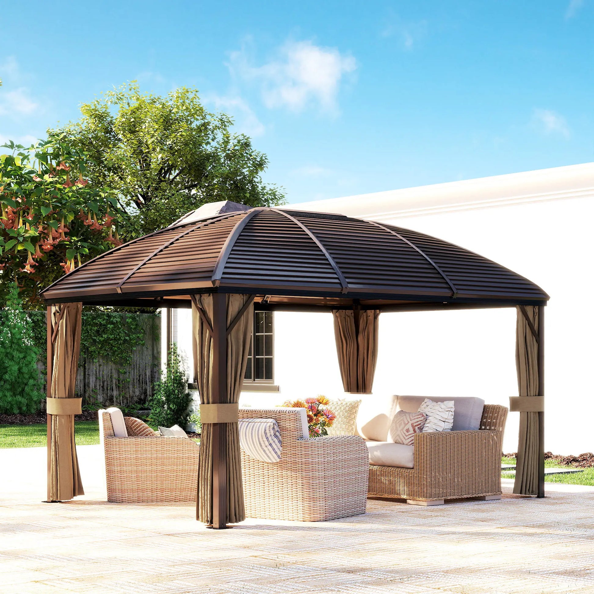 10' x 13' Hardtop Gazebo, Aluminum Canopy, Mesh Nettings, Curtains, Brown Gazebos at Gallery Canada