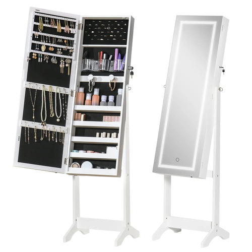 Lockable Jewelry Armoire with LED Light, Standing Mirror, White
