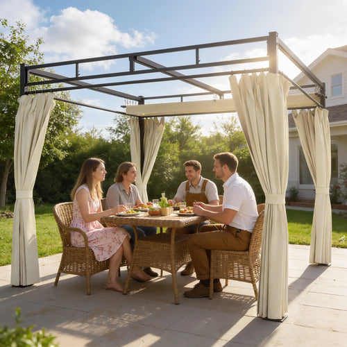 10' x 10' Outdoor Gazebo, Retractable Pergola Canopy With Curtains, Beige