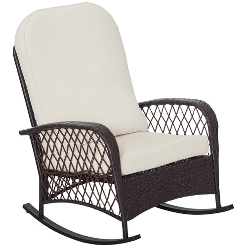 Rattan Rocking Chair, Outdoor Wicker Patio Furniture with Cushions, Cream White