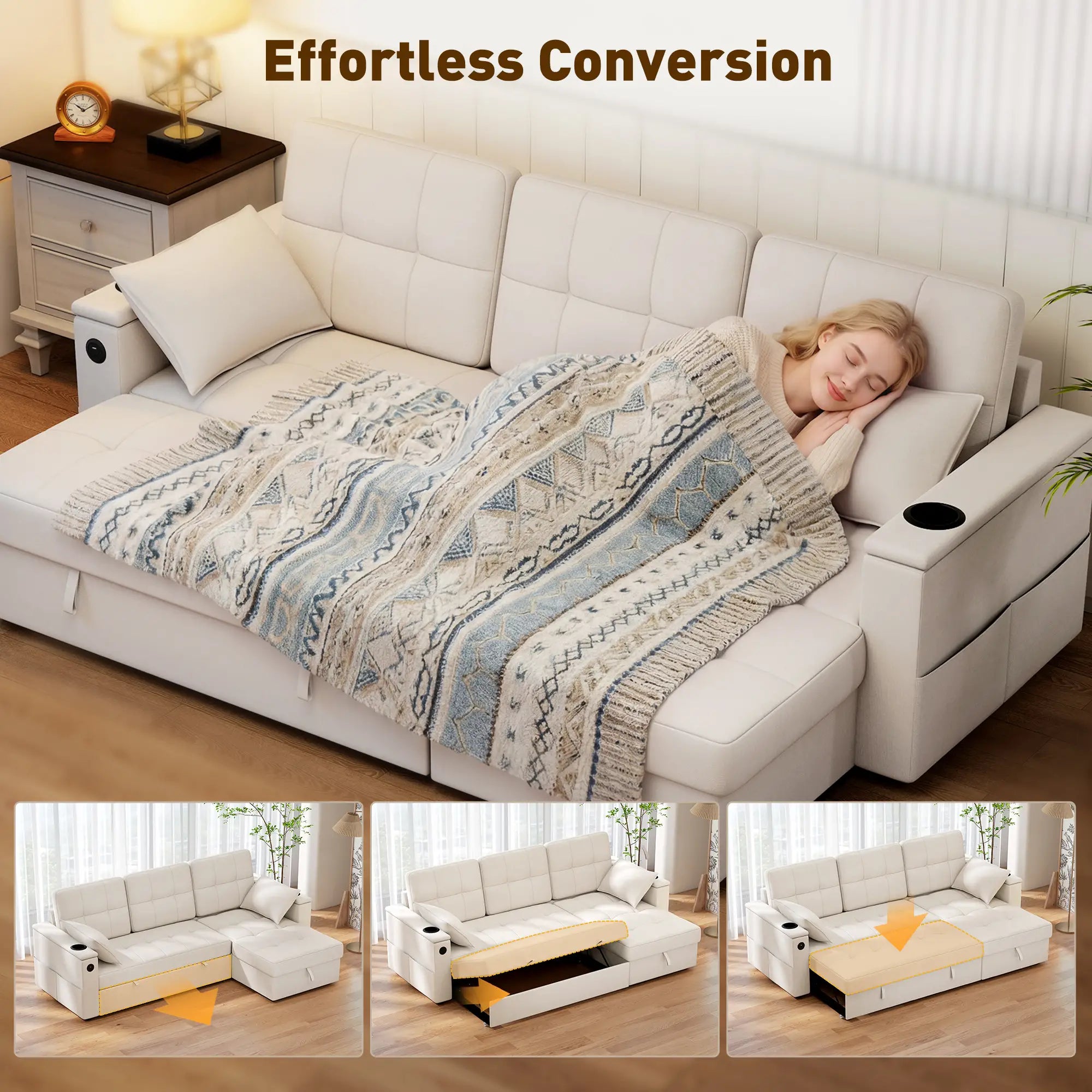 Convertible Sectional Sofa Bed, Pull Out Sleeper With USB‑A+C, Chaise Storage, L-Shaped Futon, Beige Sofas & Reclining Chairs at Gallery Canada