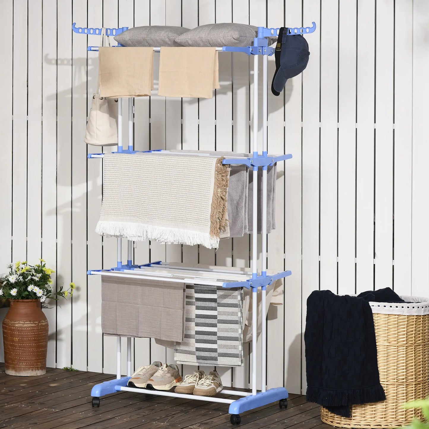 Foldable 4-Tier Steel Clothes Drying Rack, 2 Side Wings, 4 Castors, Indoor Outdoor, Blue Bath Accessories at Gallery Canada