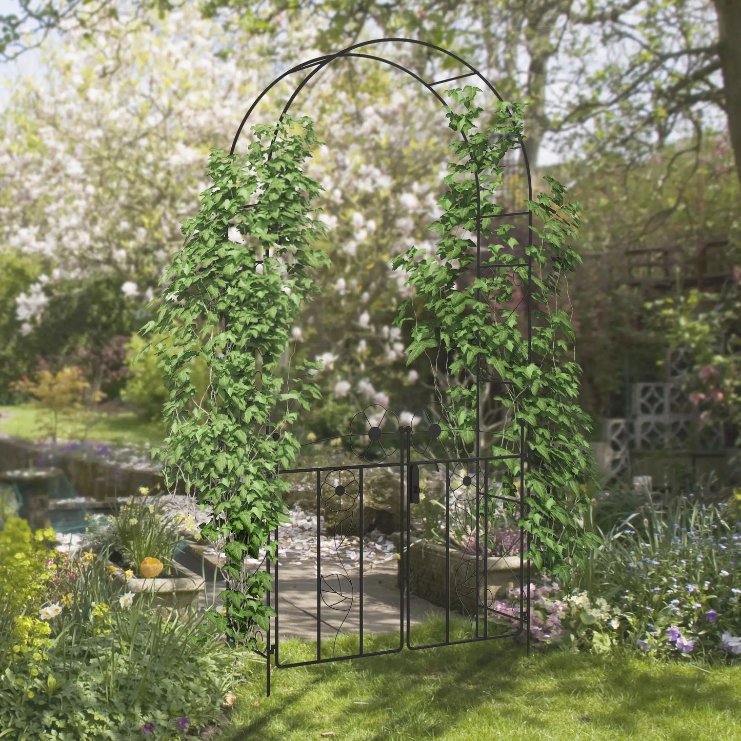 7.5FT Metal Garden Arbour, Double Gate, Arch Trellis, Black Garden Arches at Gallery Canada