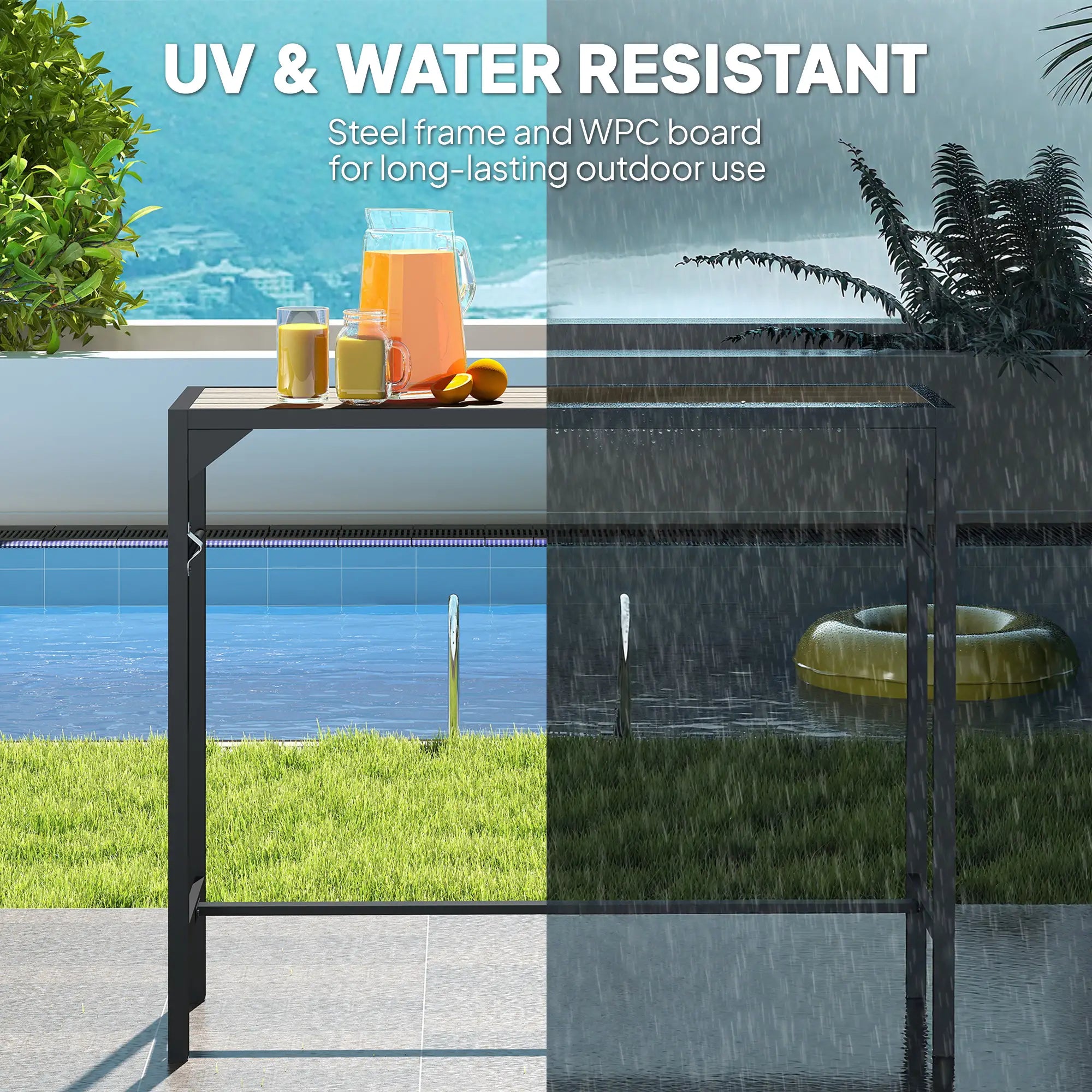 Bar Height Outdoor Table with Built-In Bottle Opener, Patio Bar Table with Wood Grain Plastic Top, 47.2
