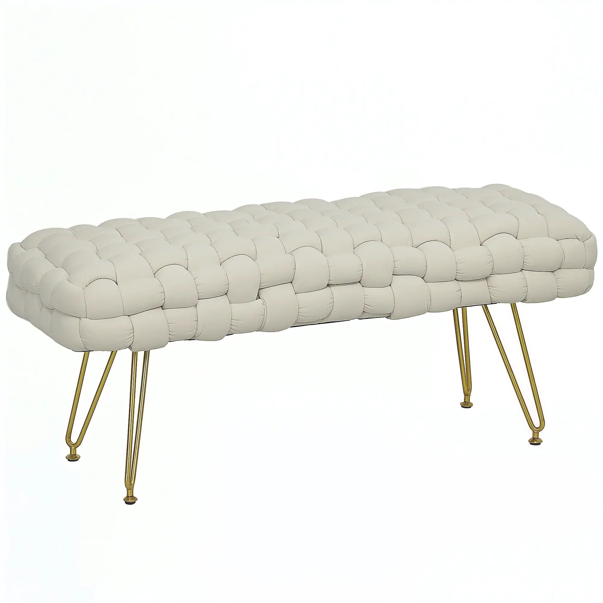 Velvet End of Bed Bench, 39", Gold Metal Legs, Cream White Storage Ottomans & Benches Cream at Gallery Canada
