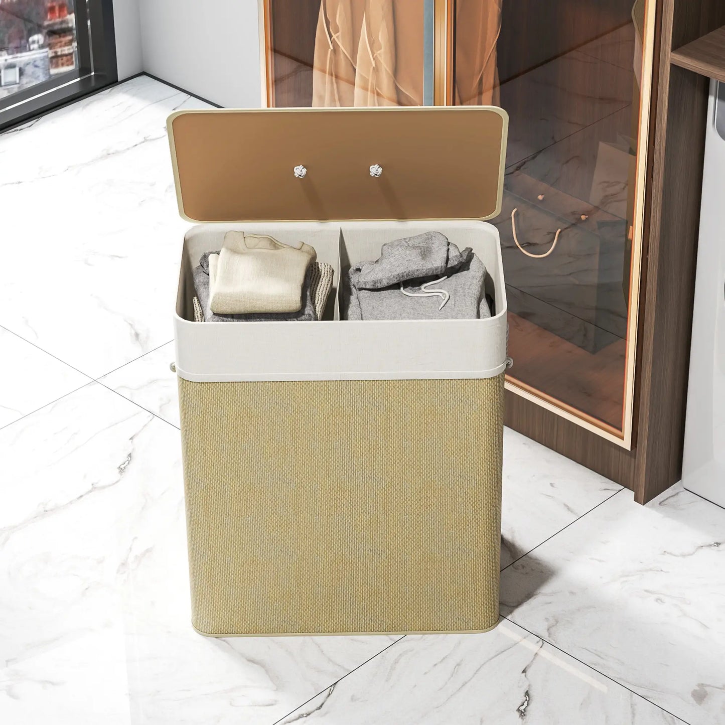 Double Laundry Basket with Lid, 100L Bamboo Hamper, Natural Clothing Storage at Gallery Canada