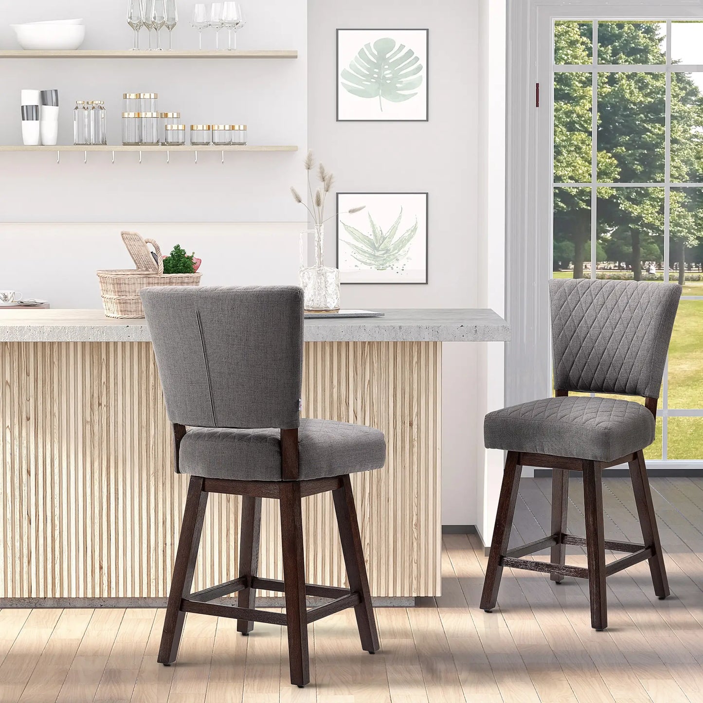 2 Swivel Bar Stools, Counter Height, Wood Legs, Footrests, Dark Grey Bar Stools at Gallery Canada