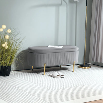 Upholstered Channel Tufted Ottoman Bench, Thick Padding, Metal Legs, Grey Storage Ottomans & Benches at Gallery Canada