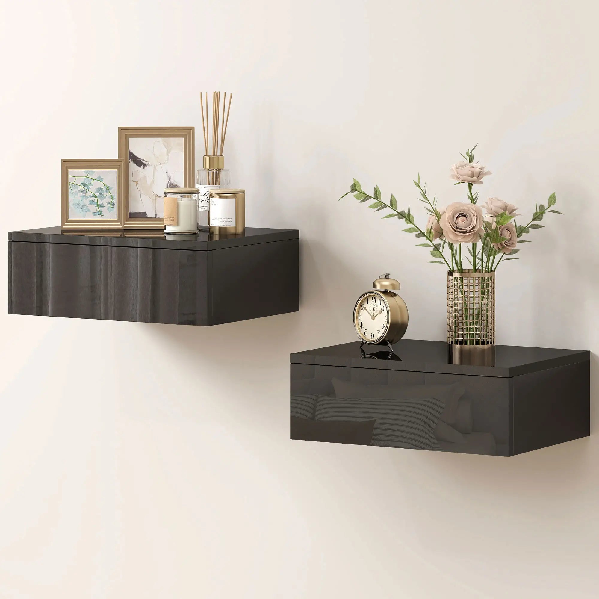 Set of 2 Wall Mounted Bedside Tables, High Gloss Floating Nightstands with Drawer for Bedroom, Black