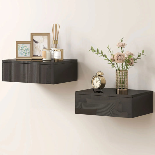 Set of 2 Wall Mounted Bedside Tables, High Gloss Floating Nightstands with Drawer for Bedroom, Black Bedside Tables Black at Gallery Canada