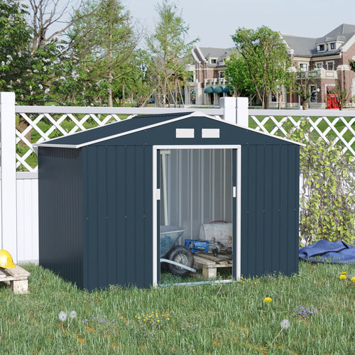 9.1' x 6.4' x 6.3' Garden Storage Shed w/Floor Foundation Outdoor Patio Yard Metal Tool Storage House w/ Double Doors